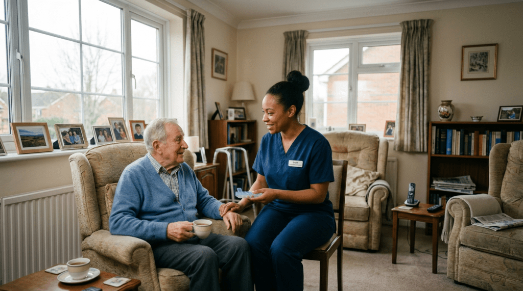 Caregiver holding an older man's hand while preparing his medication at home