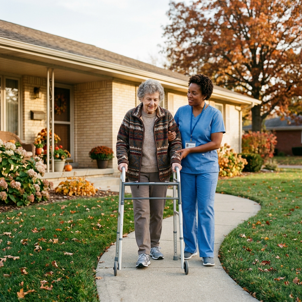 Home care nurse helping older woman walk outside