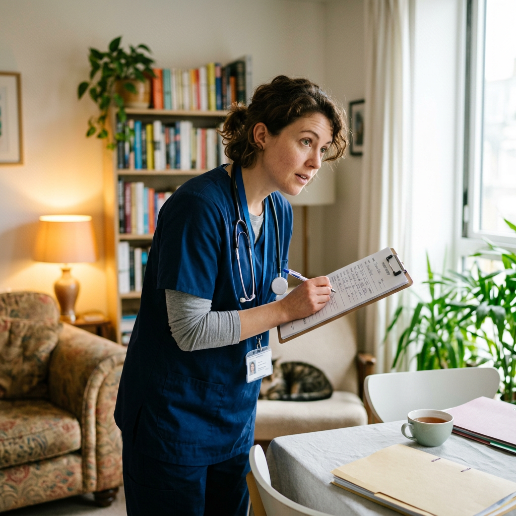 Nurse in scrubs writing notes on a clipboard at a table
