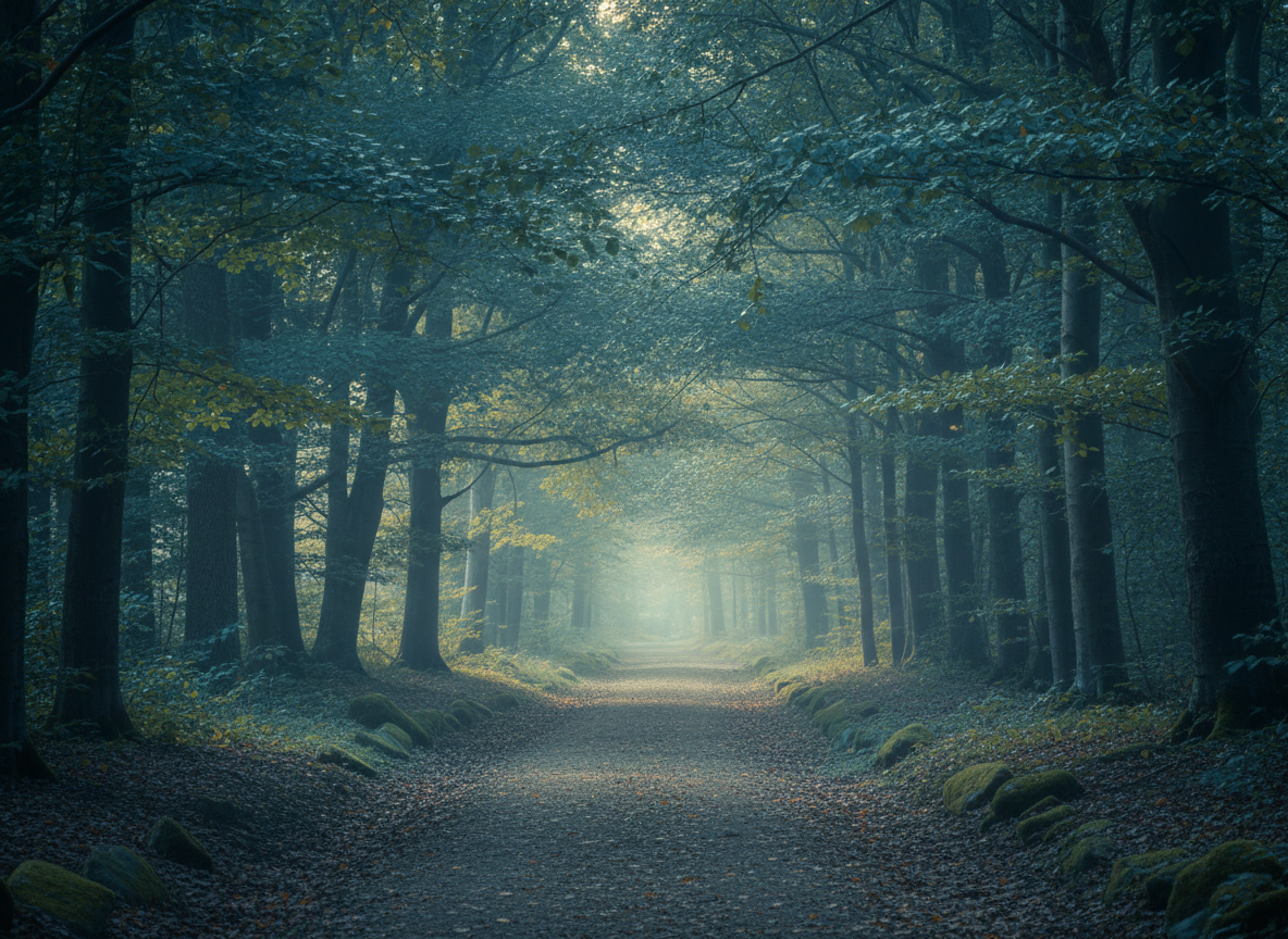 Sunlight filtering through green trees along a peaceful path