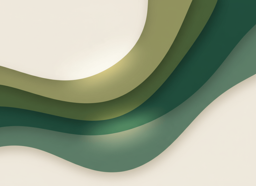 Soft, calming abstract background for a mental health services page — gentle organic layered shapes in deep green and forest tones with a warm off-white base, subtle light and airy, peaceful and professional healthcare feel. No text, no people, minimal and elegant.
