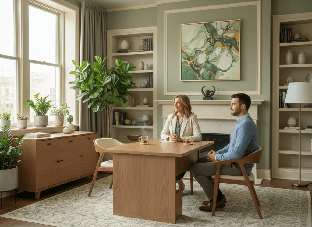 A warm, professional mental health clinic reception or consultation scene. A compassionate counselor or receptionist sitting across from a patient in a calm, softly lit office space with green plants, wooden furniture, and natural light coming through large windows. Muted green and warm cream tones. Welcoming, hopeful, and professional atmosphere. Photo-realistic style.